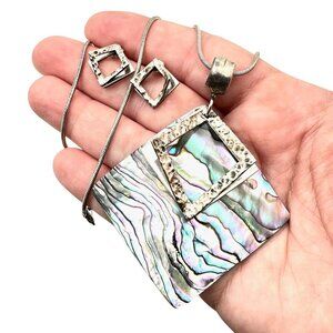 Womens Necklace Pierced Earrings Sterling Silver Abalone Artisan Pendant